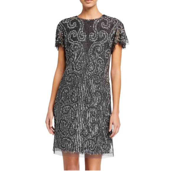 Aidan Mattox Short Sleeve Swirl Beaded Dress Gunmetal - Picture 7 of 7